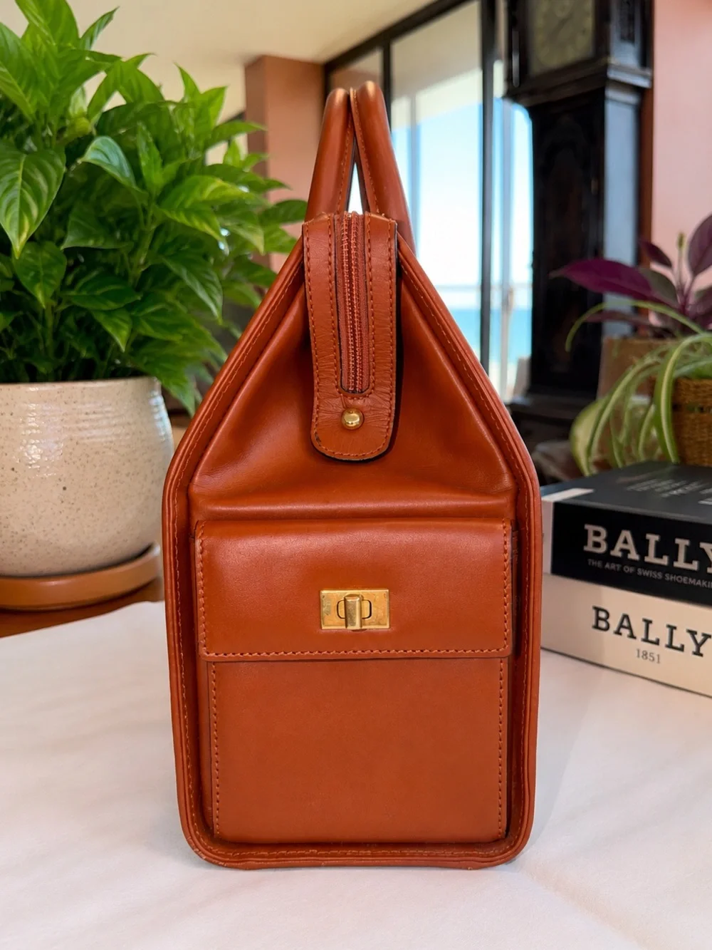 Bally Cognac & Black Structured Satchel Top Handle Bag | Vintage | EUC